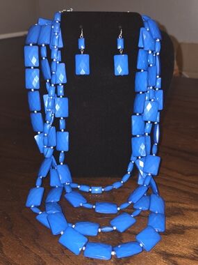 Blue Multi-Strand Geometric Necklace & Earring Set